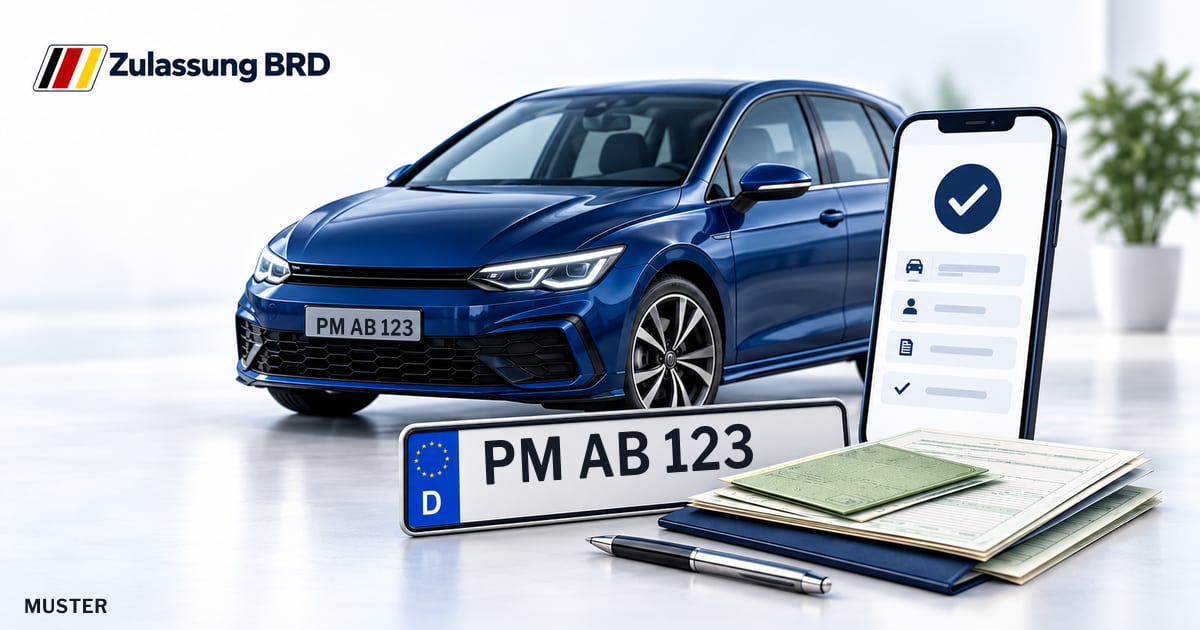 Online Fahrzeugzulassung in Werder (Havel): Musterkennzeichen PM AB 123, Auto und Fahrzeugpapiere und Smartphone. Illustration mit Logo von Zulassung BRD.